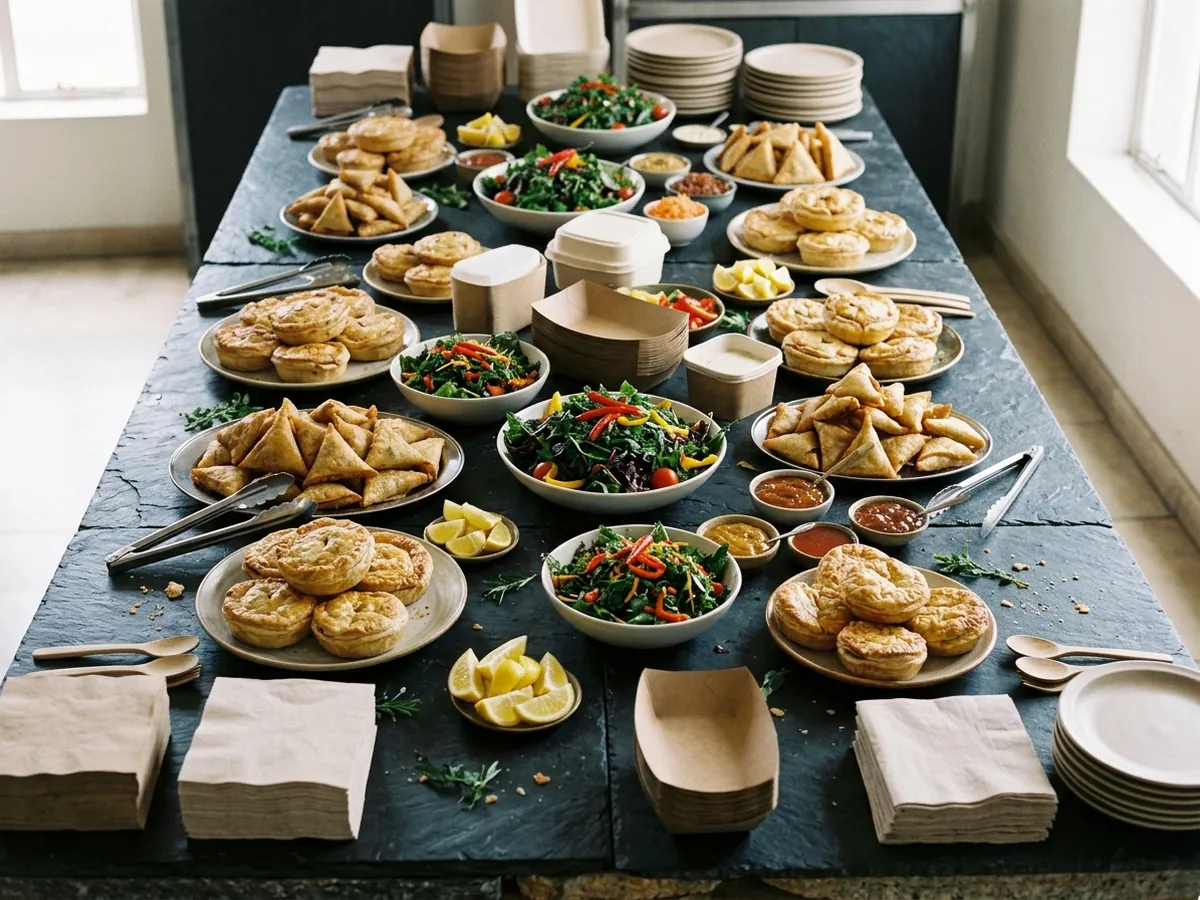 A catering table with platters of pies and samoosas