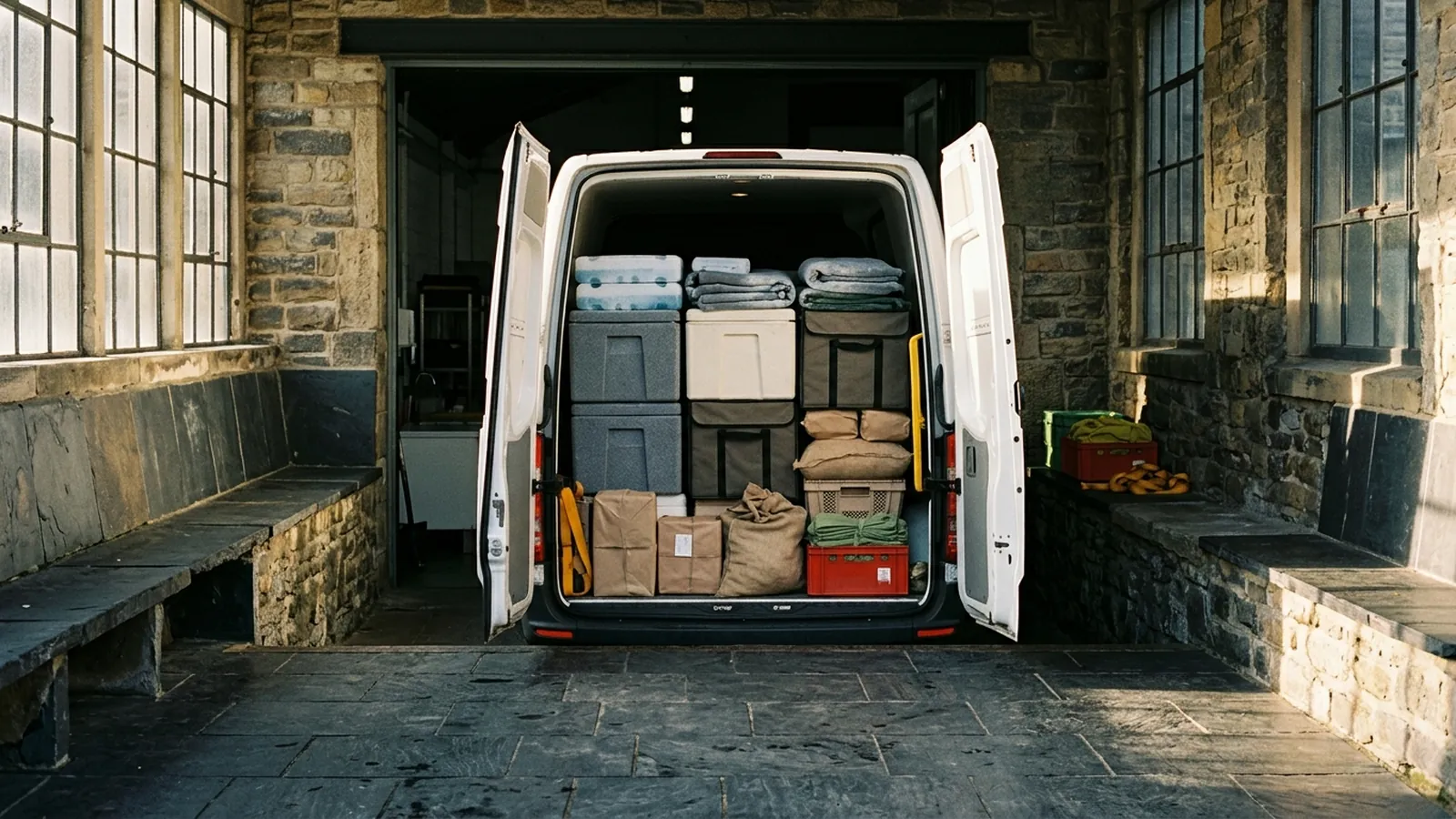 A delivery van loaded with insulated cold boxes