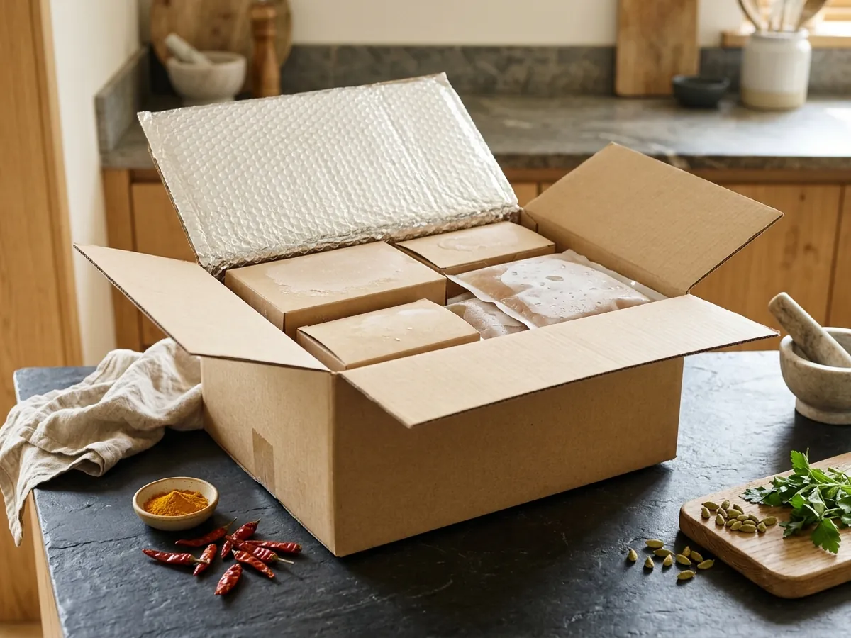 A courier carton packed with frozen savouries and gel packs