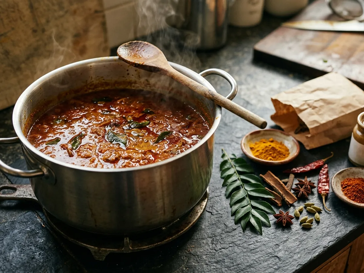 A pot of slow-cooked curry gravy simmering
