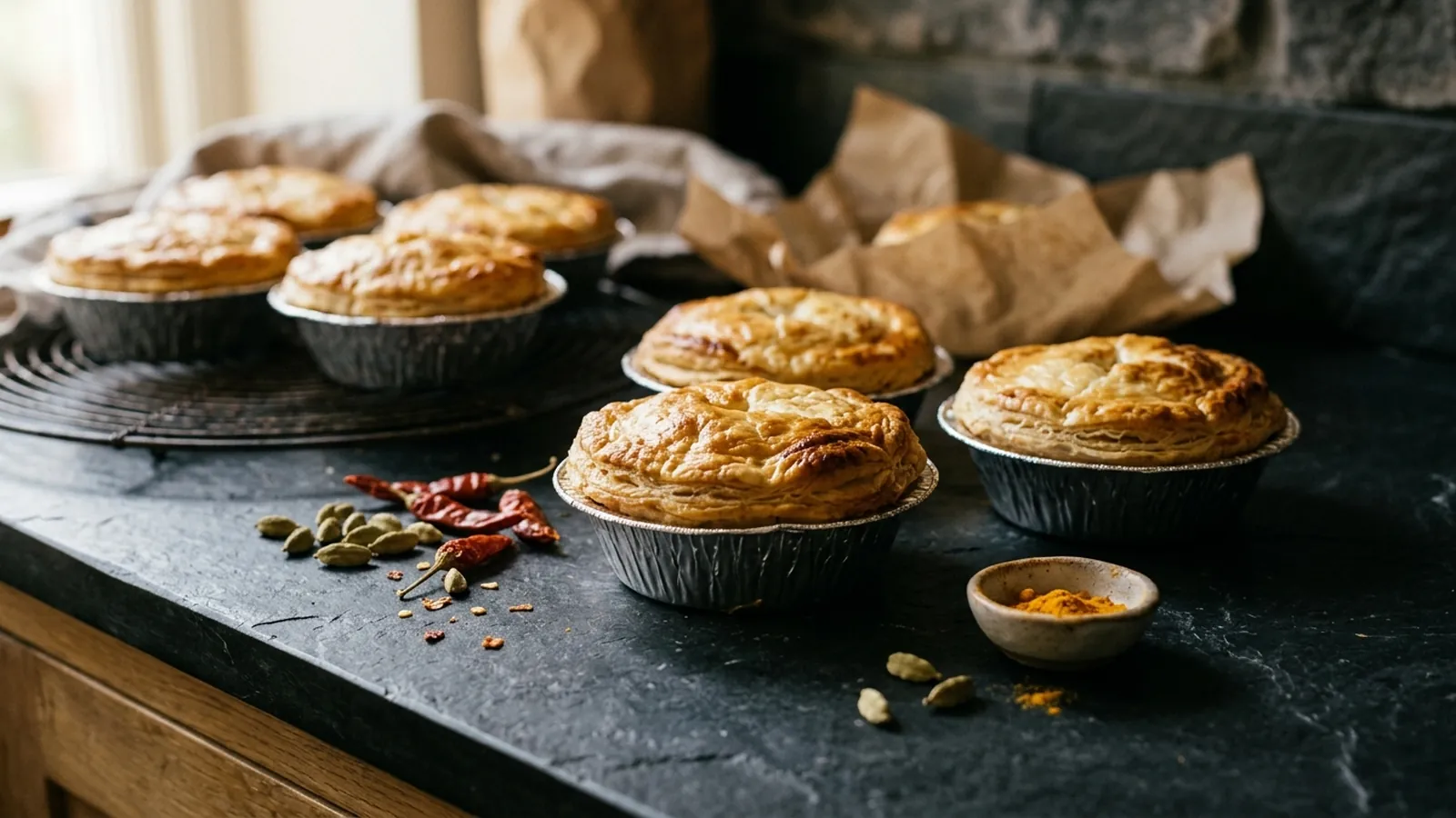 Freshly baked golden pies on a slate bench with whole spices