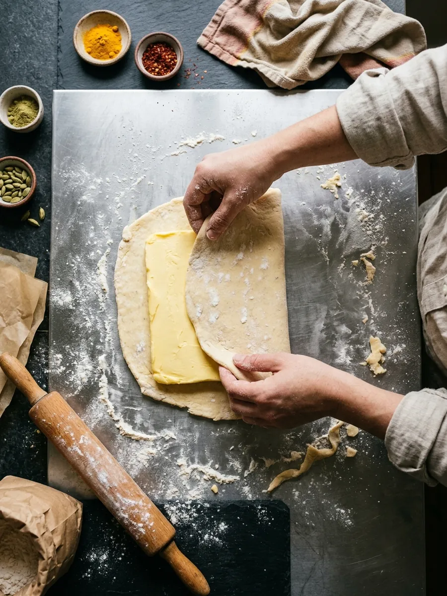 Hands laminating butter into pastry dough