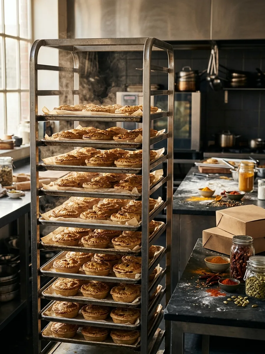 Racks of freshly baked pies in the kitchen
