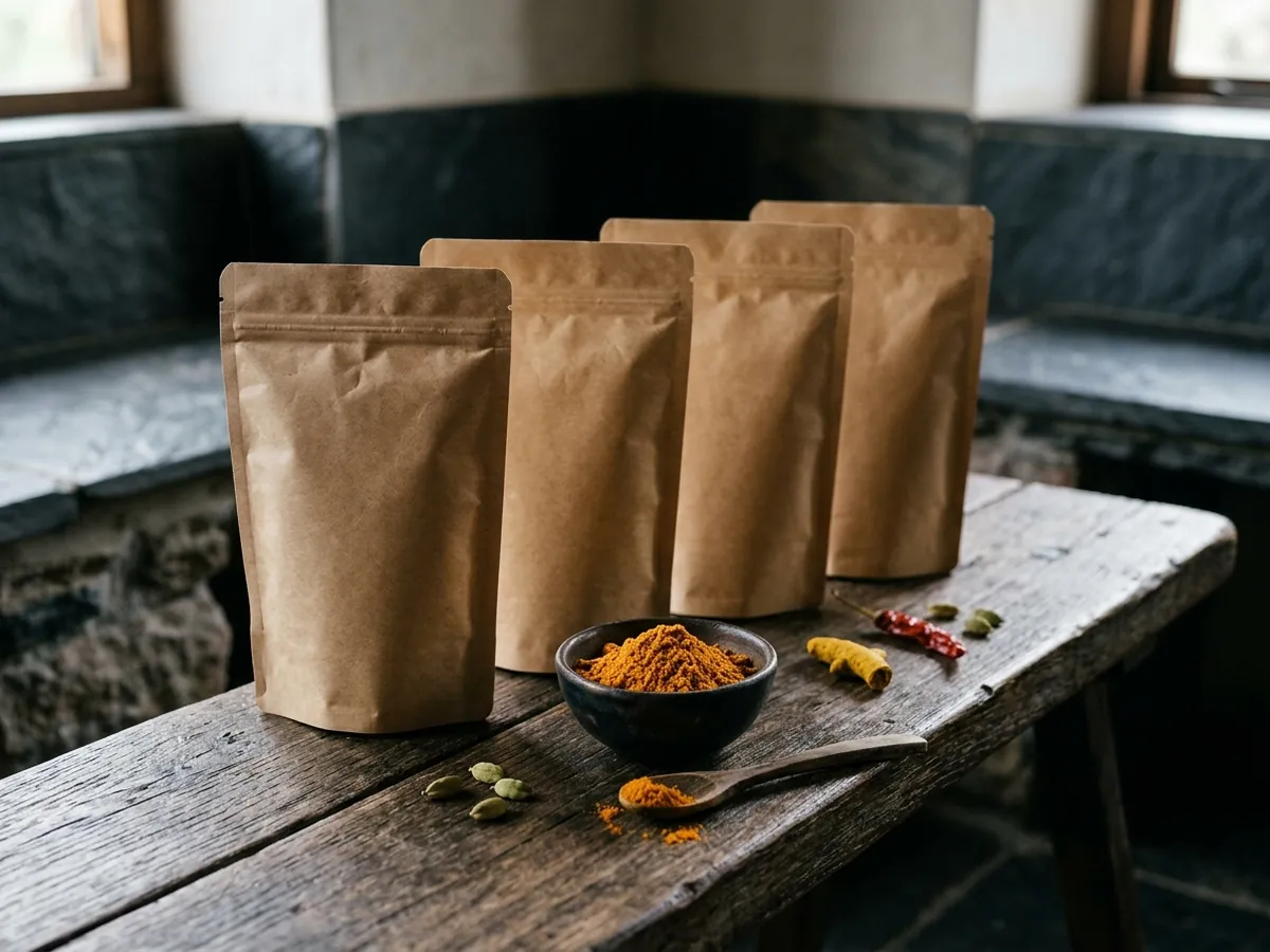 Plain pouches of curry premix beside a bowl of masala