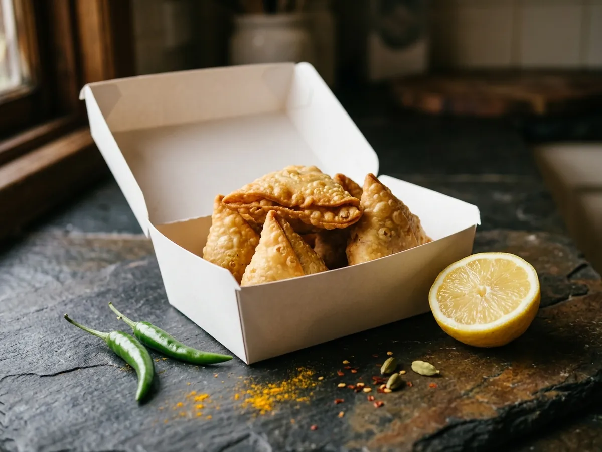 Triangular samoosas in a plain carton