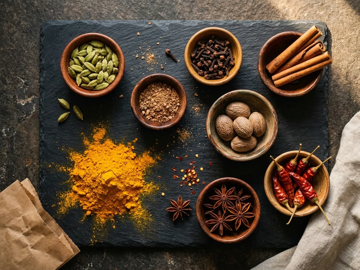 Bowls of whole spices on slate