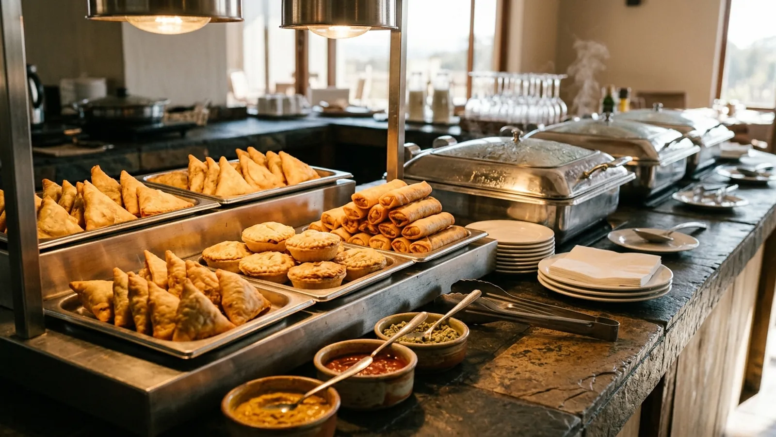 A hotel buffet counter laden with samoosas, pies and spring rolls